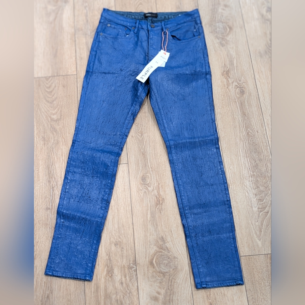 275 Mens Purple Brand Paint Job Crackled Coated Skinny Jeans Blue 34